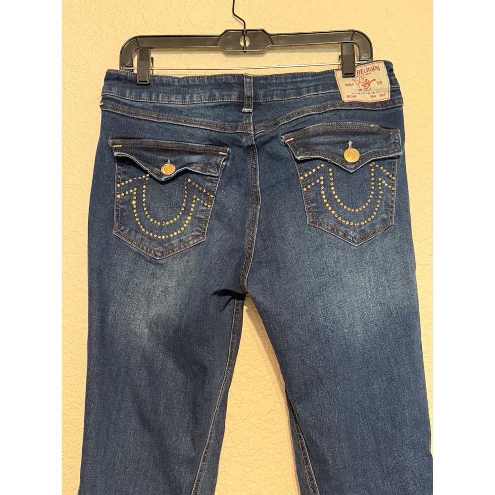 True Religion Joey Mid Rise Flare Jeans Dark Wash Studded Horseshoe Size 30